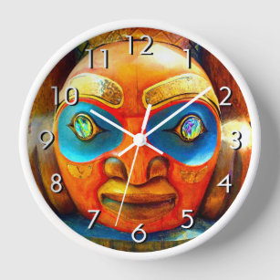 Colorful carved wood totem face photo bold graphic wall clock