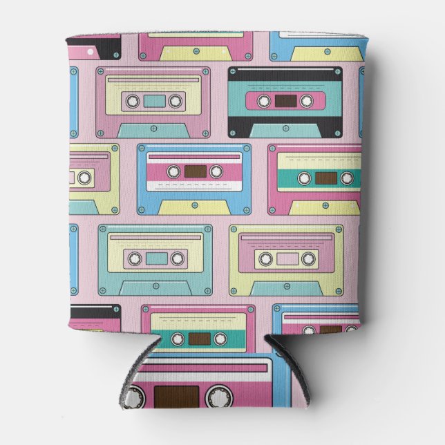 Colorful cassettes, pink background pattern. can cooler (Front)