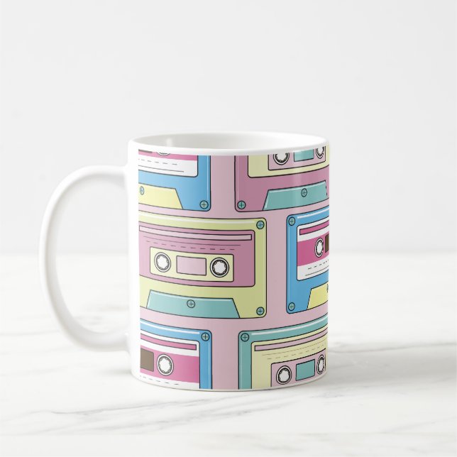 Colorful cassettes, pink background pattern. coffee mug (Left)