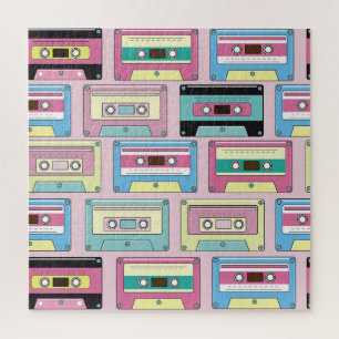 Colorful cassettes, pink background pattern. jigsaw puzzle