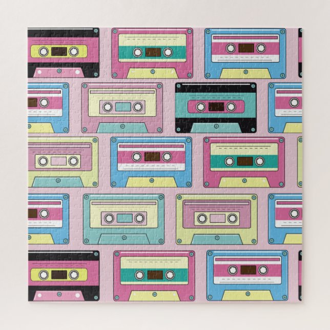 Colorful cassettes, pink background pattern. jigsaw puzzle (Vertical)