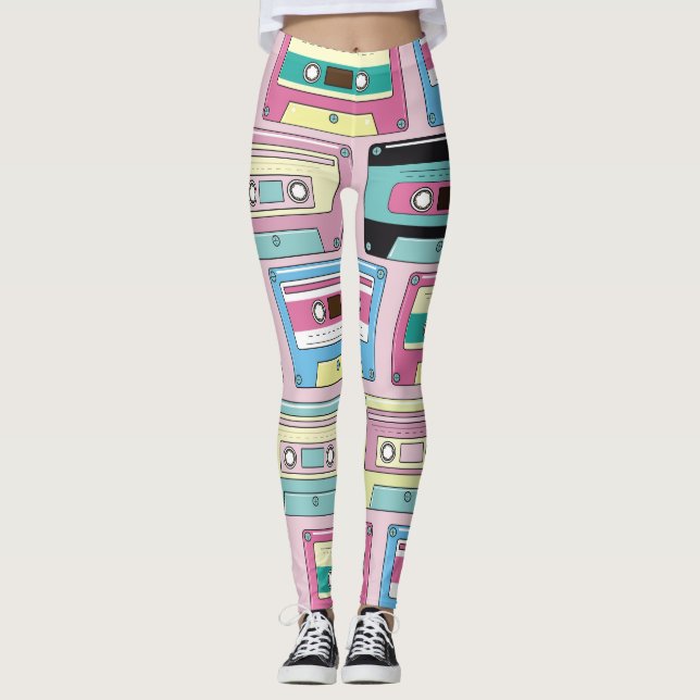 Colorful cassettes, pink background pattern. leggings (Front)