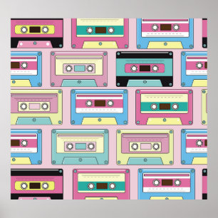 Colorful cassettes, pink background pattern. poster