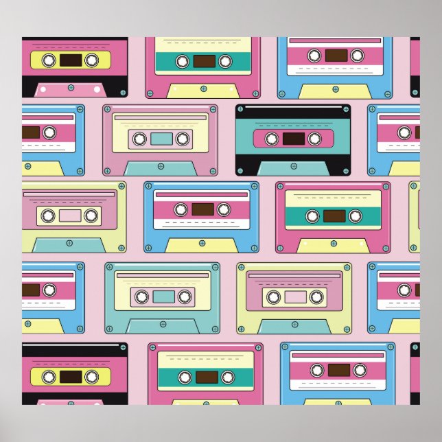 Colorful cassettes, pink background pattern. poster (Front)