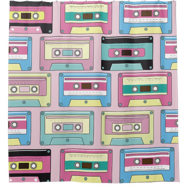 Colorful cassettes, pink background pattern. shower curtain (Front)
