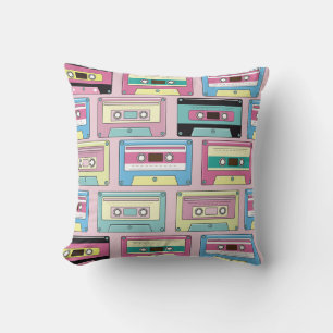 Colorful cassettes, pink background pattern. throw pillow