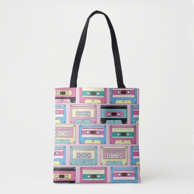 Colorful cassettes, pink background pattern. tote bag (Front)