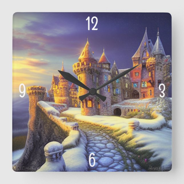 Colorful Castle in the Snow Square Wall Clock (Front)