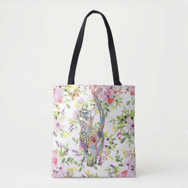 Colorful Cat and Butterfly Floral Tote Bag (Front)