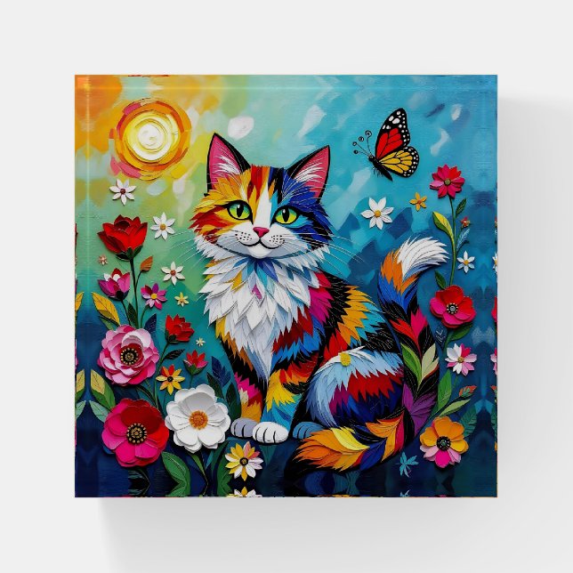 Colorful Cat and Butterfly Paperweight (Front)
