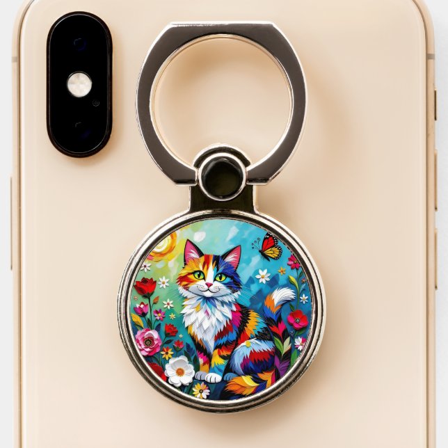 Colorful Cat and Butterfly   Phone Ring Stand (Close Up)