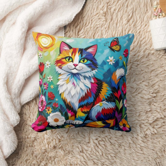 Colorful Cat and Butterfly Throw Pillow (Blanket)