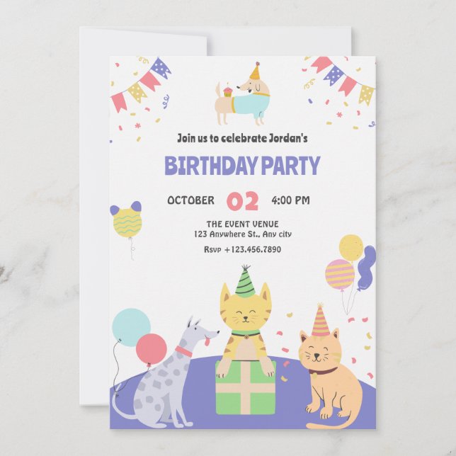 Colorful cat and dog pet birthday party  invitation (Front)