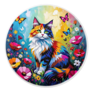 Colorful Cat and Flowers Ceramic Knob