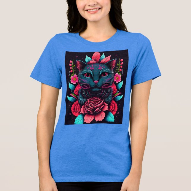COLORFUL CAT AND FLOWERS Tri-Blend SHIRT (Front)