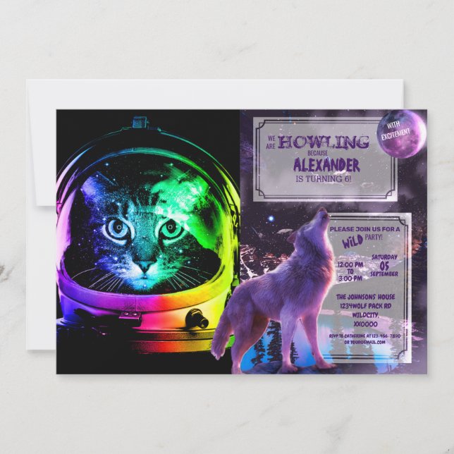 Colorful cat astronaut invitation (Front)