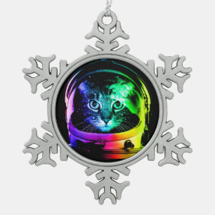 Colorful cat astronaut snowflake pewter christmas ornament