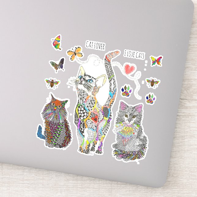 Colorful Cat, Bee and Butterfly Vinyl Stickers (Detail)