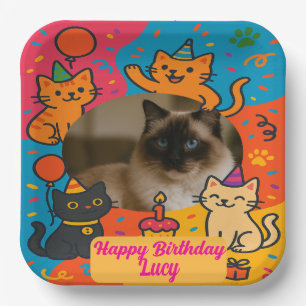 Colorful Cat Birthday with Custom Photo & Name Paper Plates