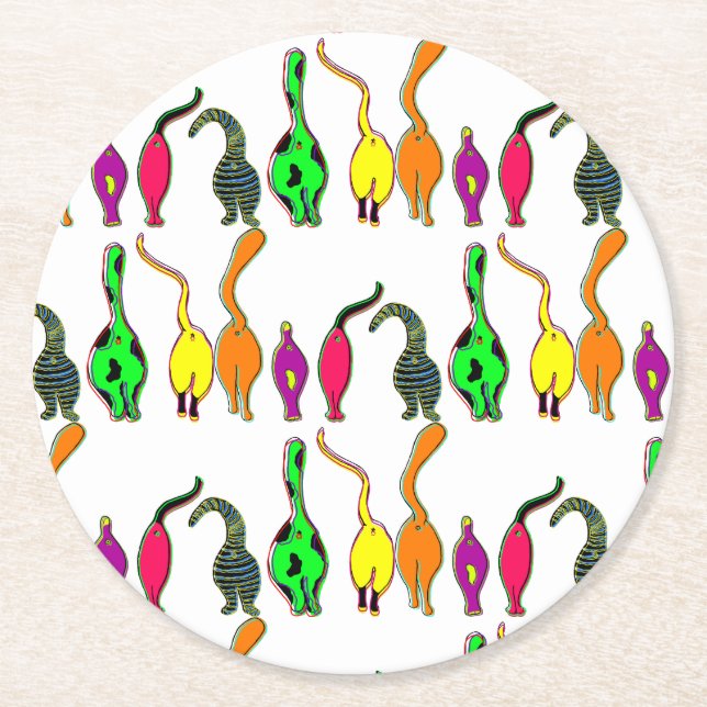Colorful Cat Butts Pattern Round Paper Coaster (Front)