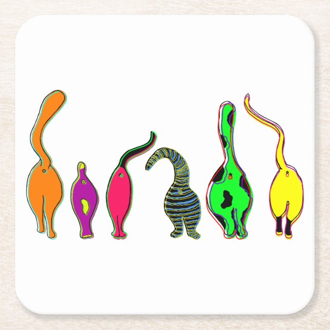 Colorful Cat Butts Square Paper Coaster (Front)