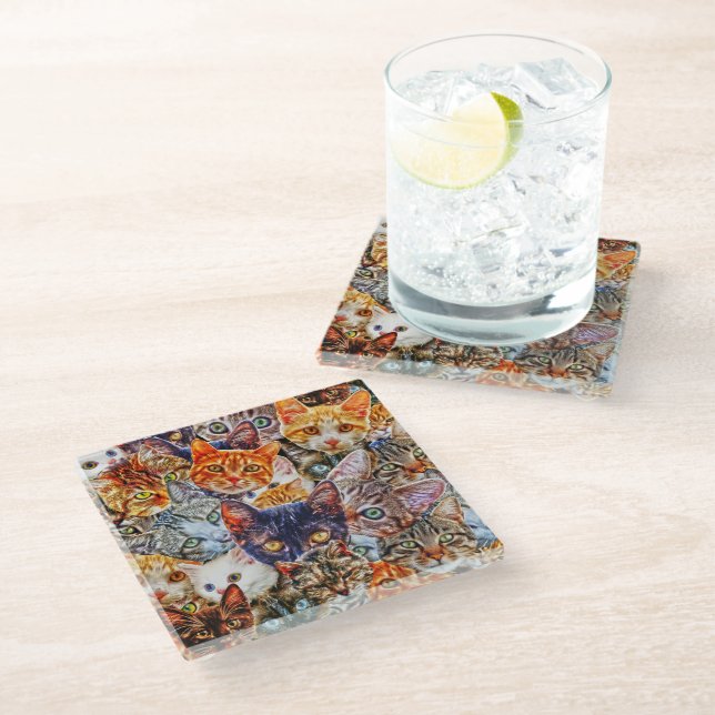 Colorful Cat Collage Glass Coaster (Angled)