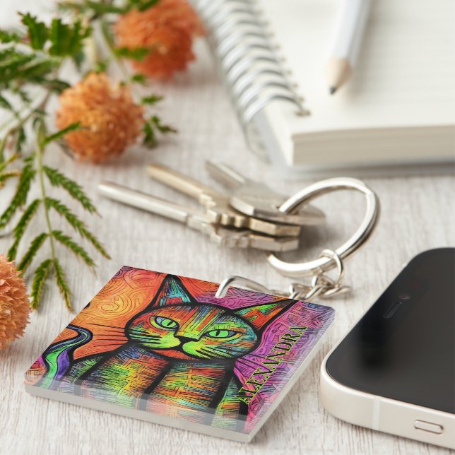 Colorful Cat Custom Name  Keychain (Front Right)