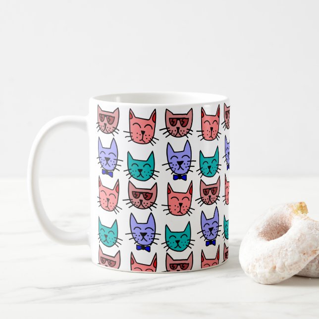 Colorful Cat Doodle Faces Ceramic Mugs 11oz /15 oz (With Donut)