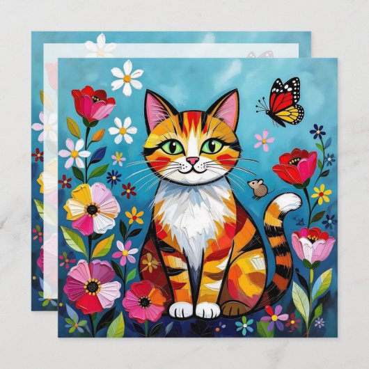 Colorful Cat, Flowers and Butterfly (Front/Back)