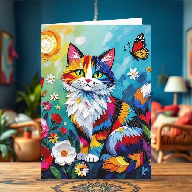 Colorful Cat, Flowers & Butterfly Birthday Card (Creator Uploaded)