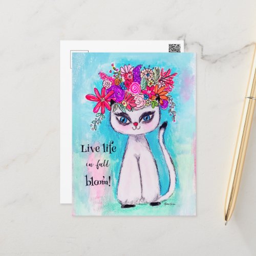 Colorful Cat Fun Spring Flower Cute Inspirational Postcard