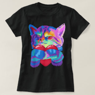 Colorful Cat Hugging Heart Art T-Shirt