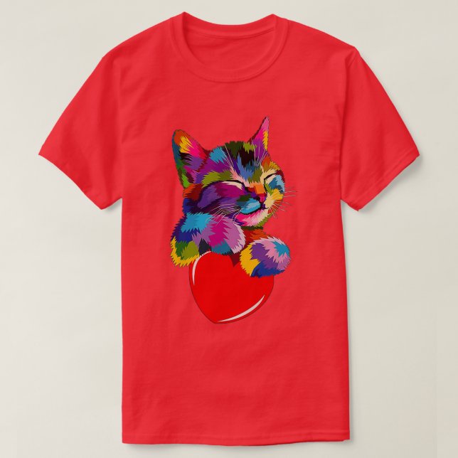 Colorful Cat Hugging Heart T-Shirt (Design Front)