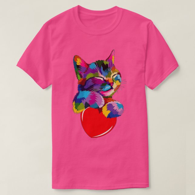 Colorful Cat Hugging Heart  T-Shirt (Design Front)