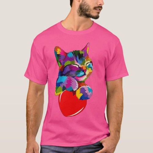 Colorful Cat Hugging Heart  T_Shirt