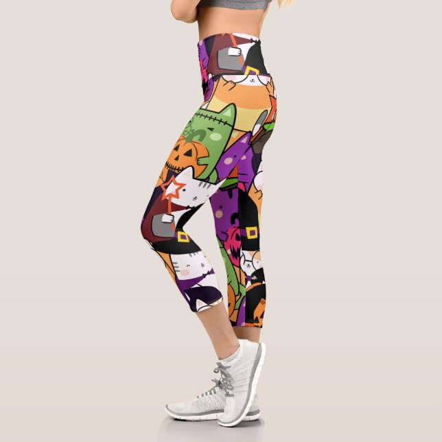 Colorful cat in halloween costume pattern capri leggings (Left)