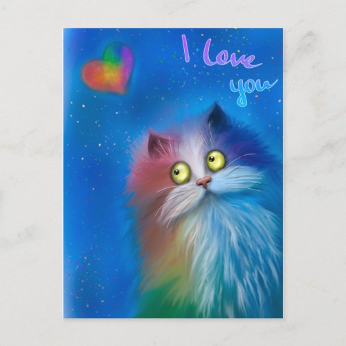 Colorful cat in love postcard