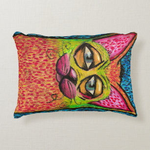 Colorful Cat in Oil Pastel Bright Colors Happy Cat Accent Pillow