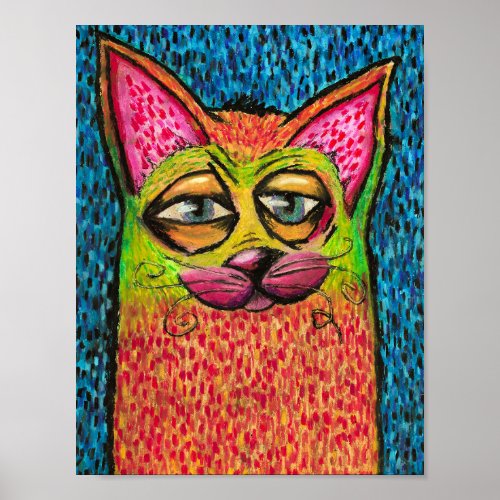 Colorful Cat in Oil Pastel Bright Colors Happy Cat Poster