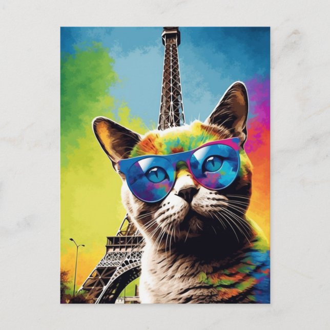 Colorful Cat in Paris Postcard (Front)