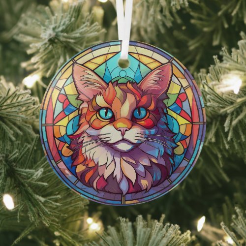 Colorful cat in stained glass style glass ornament