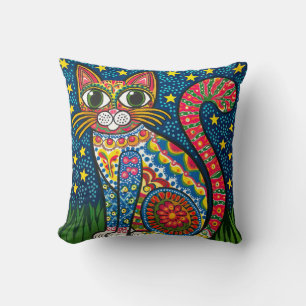 Colorful Cat in Starry Night – Mexican Folk Art De Throw Pillow