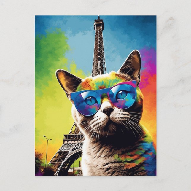 Colorful Cat in Sunglasses in Paris Postcard (Front)