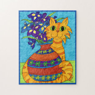 Colorful Cat Irises Flowers Vase Cartoon Folk Art Jigsaw Puzzle