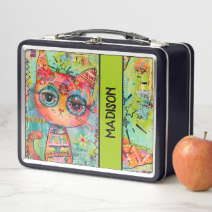 Colorful Cat Kid's Custom Name Metal Lunch Box