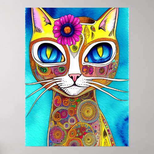 Colorful Cat Kookie Hippie Modern   Poster
