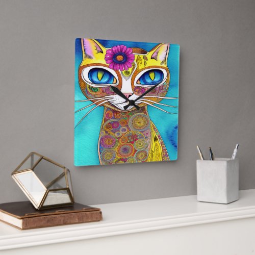 Colorful Cat Kookie Hippie Modern  Square Wall Clock