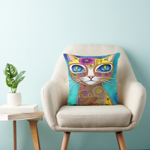 Colorful Cat Kookie Hippie Modern  Throw Pillow