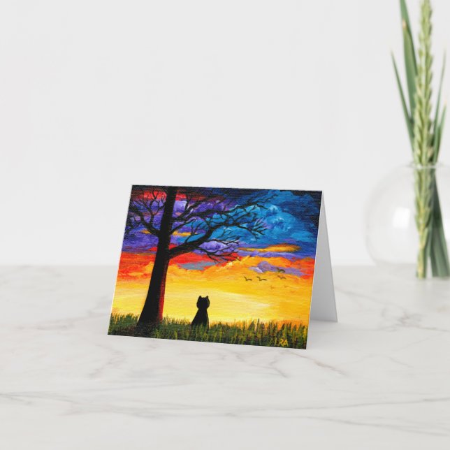 Colorful Cat Oak Tree Landscape Creationarts Card (Front)