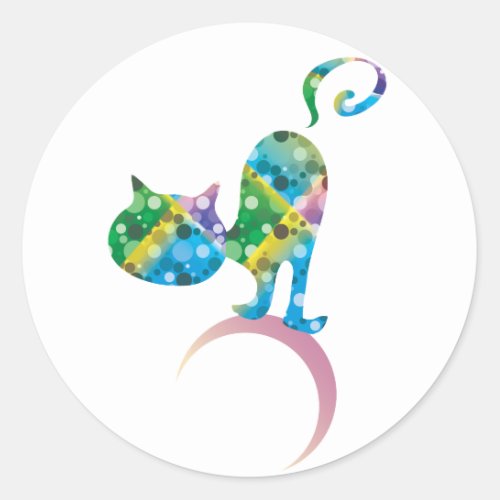 Colorful Cat On Crescent Moon Classic Round Sticke Classic Round Sticker